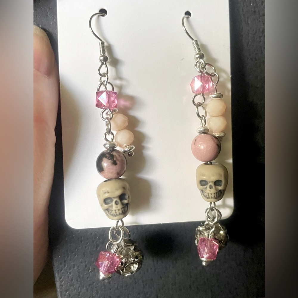 Pink and Silver Skull Dangle Earrings